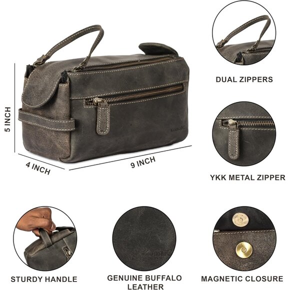 Unisex Charcoal Black Premium Buffalo Leather Toiletry Bag Travel Shaving kit - Picture 7 of 9